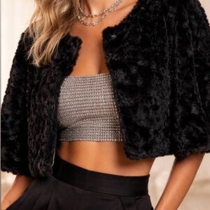 Furrocious black cropped faux fur fuzzy bolero jacket elbow sleeves womens S NWT